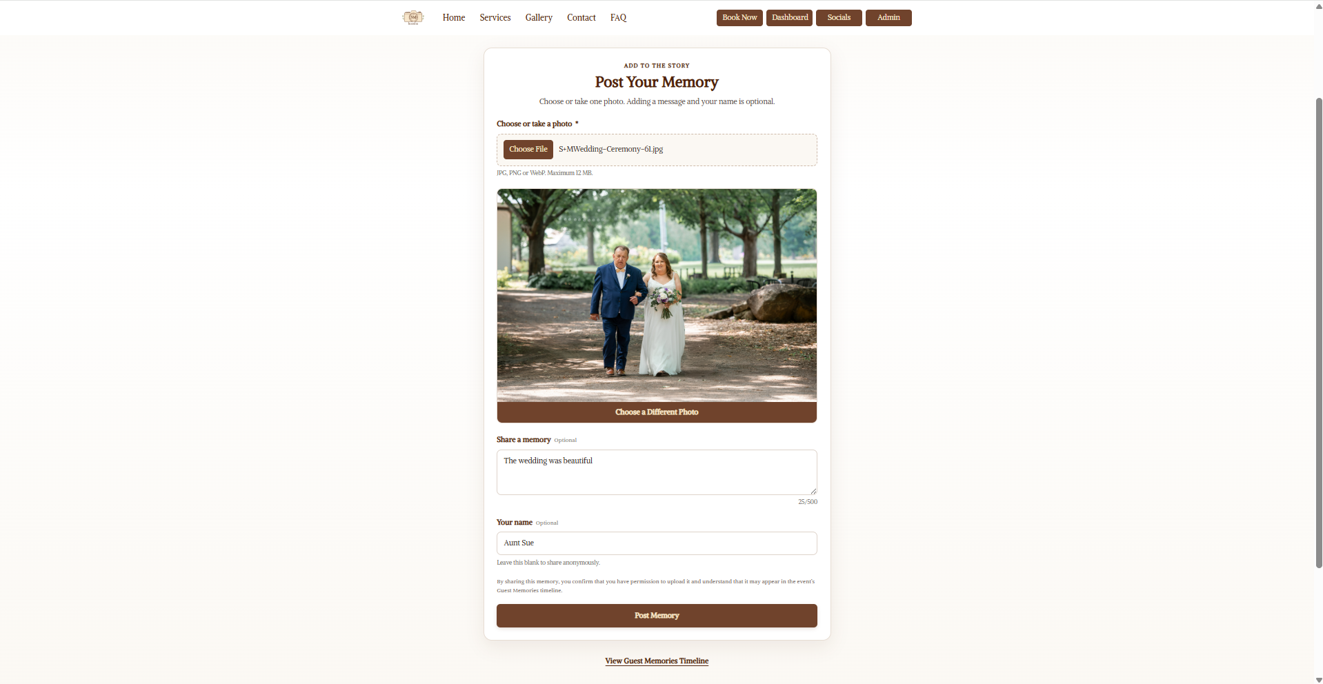 Post Your Memory form with a photo, message, and name filled in