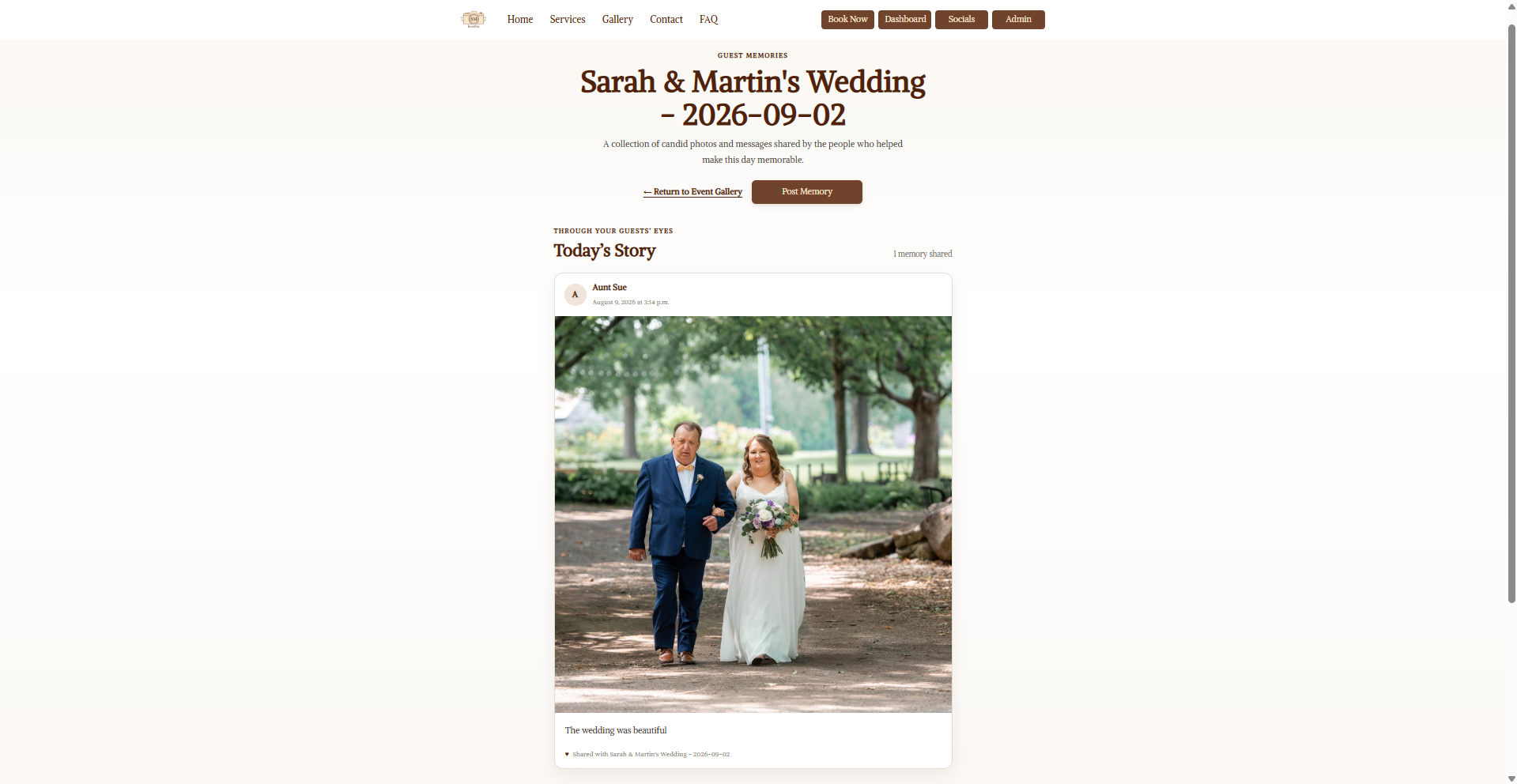Guest Memories timeline showing a shared photo and message